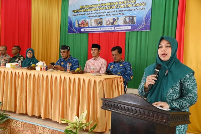 Ketua TP-PKK Kabupaten Aceh Besar Rita Mayasari memberikan sambutan pada kegiatan penyaluran bantuan untuk anak asuh stunting (BAAS) dalam rangka penurunan angka stunting di wilayah Kecamatan Kuta Cot Glie periode Desember 2024-Maret 2025, di Aula UDKP Kantor Camat Kuta Cot Glie, Aceh Besar, Kamis (17/04/2025). FOTO/MC ACEH BESAR