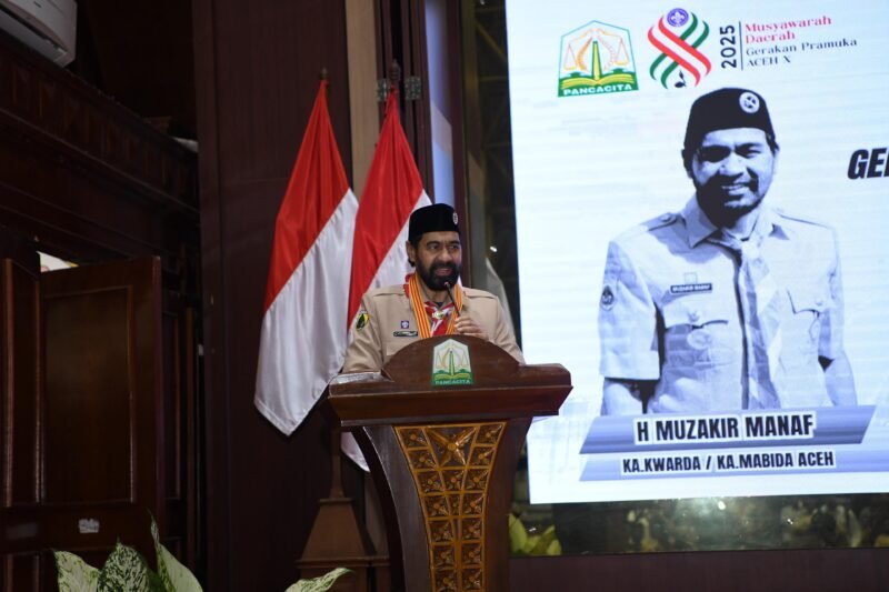 Gubernur Aceh, Muzakir Manaf membuka secara resmi musyawarah daerah (musda) ke-x gerakan pramuka aceh 2025 di Anjong Mon Mata komplek pendopo gubernur aceh, Rabu, 18/06/2025 (Foto:Dok.Biro Adpim Setda Aceh) 