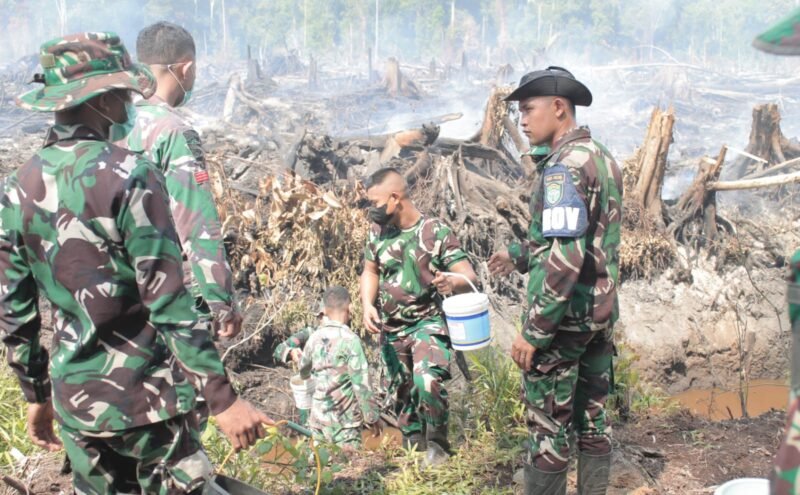 Personel TNI bersama tim gabungan melakukan pemadaman kebakaran hutan dan lahan secara manual menggunakan ember di Kecamatan Trumon Timur, Kabupaten Aceh Selatan, Selasa (27/1/2026), guna mencegah api meluas ke kawasan permukiman dan hutan lindung.