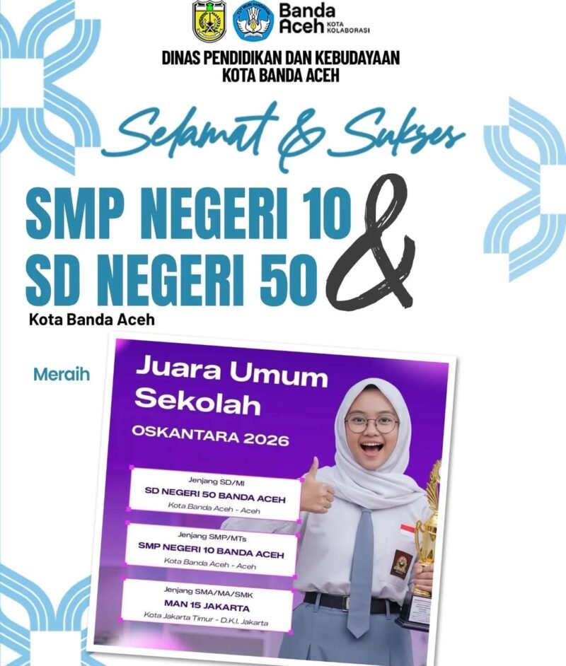 Siswa-siswi SDN 50 dan SMPN 10 Banda Aceh berfoto bersama usai dinobatkan sebagai Juara Umum Nasional OSKANTARA 2026, mengharumkan nama Kota Banda Aceh di tingkat nasional.(30/01/2026).