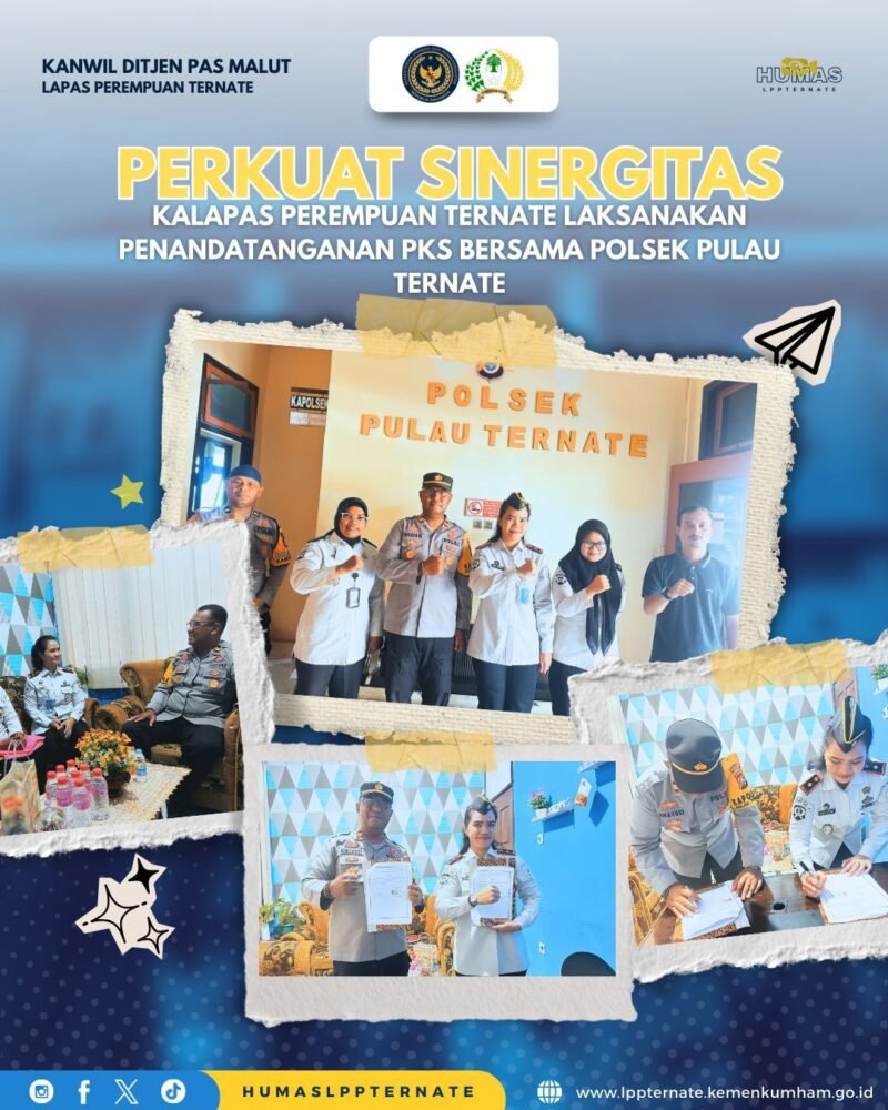 Kepala Lapas Perempuan Kelas III Ternate, Agustina, bersama Kepala Polsek Pulau Ternate Iptu Lukman Umasugi saat menandatangani Perjanjian Kerja Sama (PKS) guna memperkuat sinergi pengamanan dan ketertiban di lingkungan lapas, Selasa (3/2/2026).