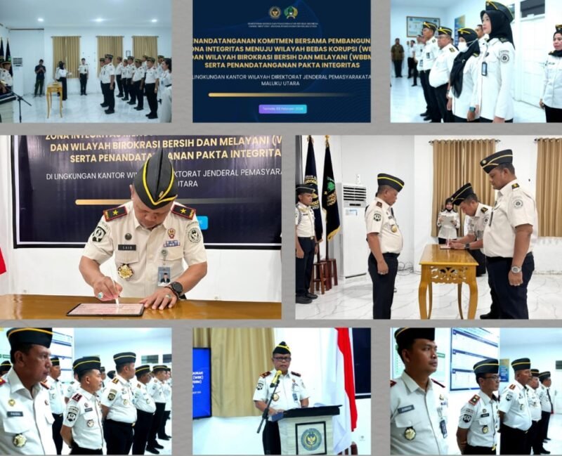 Kakanwil Ditjenpas Maluku Utara, Said Mahdar, bersama seluruh Ka.UPT Pemasyarakatan se-Maluku Utara menandatangani Pakta Integritas Komitmen Bersama Pembangunan Zona Integritas menuju WBK dan WBBM di Aula LPP Kelas III Ternate, Senin (2/2/2026).