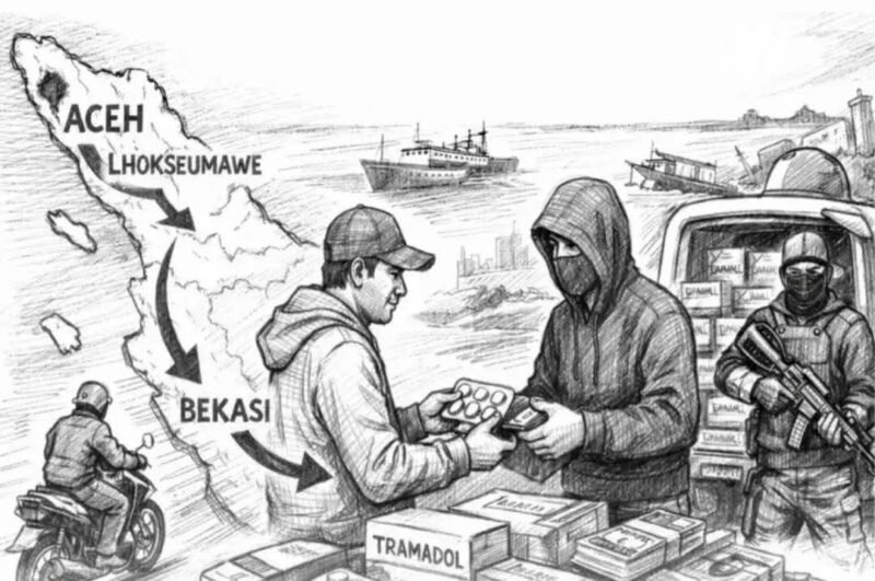 Kasat Reskrim Polres Lhokseumawe AKP Boestani saat memberikan keterangan terkait pengungkapan jaringan peredaran pil tramadol ilegal yang diduga berasal dari luar Aceh.(6/2/2026).