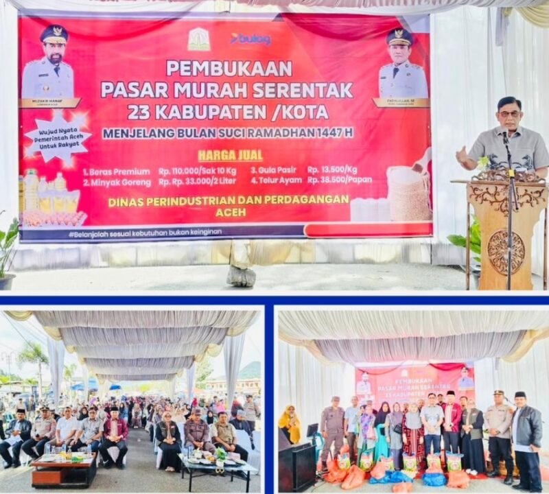 Asisten Administrasi Umum Sekda Aceh, Drs. Muhammad Diwarsyah, M.Si, membuka Pasar Murah Serentak 23 Kabupaten/Kota menjelang Ramadhan 1447 H di Aceh Tengah, Sabtu (14/2/2026), yang digelar Dinas Perindustrian dan Perdagangan Aceh.