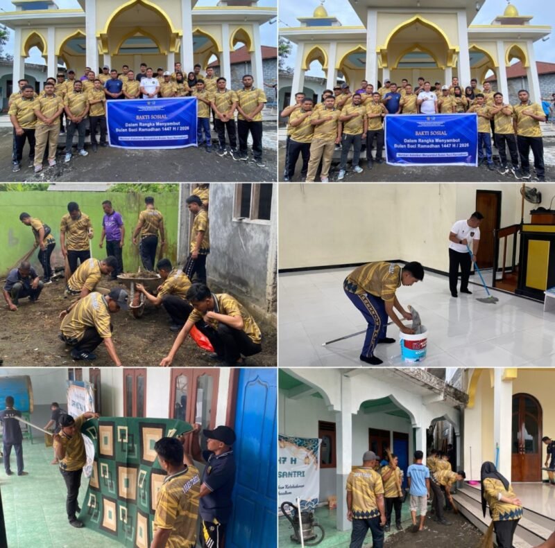 Kalapas Tobelo Donni Isa Dermawan bersama jajaran pegawai dan WBP Asimilasi bergotong royong membersihkan Masjid Al-Muhajirin, Desa Gorua Selatan, Selasa (17/2/2026), dalam rangka menyambut Bulan Suci Ramadhan 1447 H.
