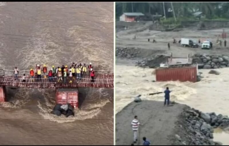 Jembatan darurat ruas Salah Sirong–Bivak yang baru selesai dibangun dua hari sebelumnya ambruk ke aliran sungai setelah debit air meningkat akibat hujan deras di kawasan hulu.