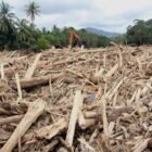 Petugas meninjau tumpukan sampah kayu hanyutan pascabencana hidrometeorologi di Aceh. Penanganan material masih menunggu kepastian administrasi dan regulasi sebelum