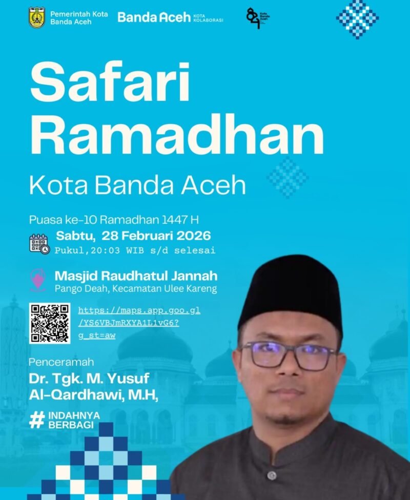 Pemerintah Kota Banda Aceh menggelar Safari Ramadhan 1447 H di Masjid Raudhatul Jannah, Pango Deah, Ulee Kareng, Sabtu (28/2/2026), menghadirkan penceramah Dr. Tgk. M. Yusuf Al-Qardhawi untuk memperkuat syiar Islam dan silaturahmi dengan masyarakat.