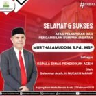 Murthalamuddin resmi dilantik sebagai Kepala Dinas Pendidikan Aceh oleh Gubernur Aceh dalam prosesi pengambilan sumpah jabatan di Anjong Mon Mata, Banda Aceh, Jumat (27/2/2026).