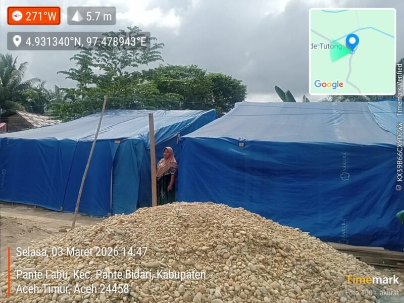 Ratusan warga Dusun Bahagia, Desa Pante Labu, Aceh Timur, masih bertahan di tenda darurat tiga bulan pascabanjir, sementara 204 unit hunian sementara yang direncanakan belum dapat ditempati.(3/3/2026).
