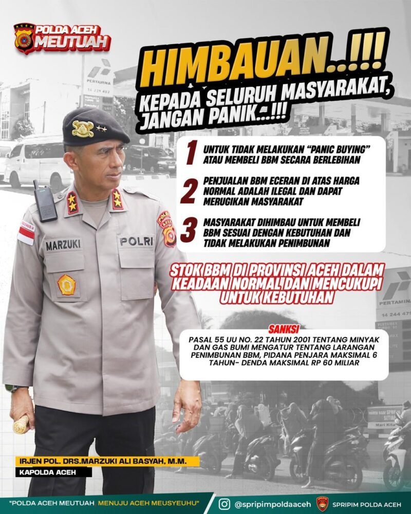 Kapolda Aceh, Irjen Pol Drs. Marzuki Ali Basyah, M.M., saat memberikan keterangan pers terkait ketersediaan bahan bakar minyak (BBM) di wilayah Aceh, Jumat (06/02/2026).