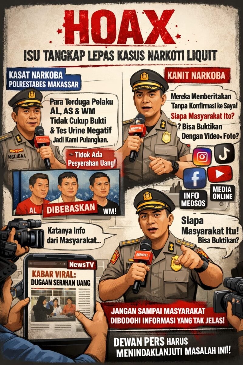 Kasat Narkoba Polrestabes Makassar memberikan klarifikasi kepada awak media terkait isu dugaan “tangkap-lepas” kasus narkotika liquid yang beredar di media sosial dan sejumlah media online.(13/3/2026)