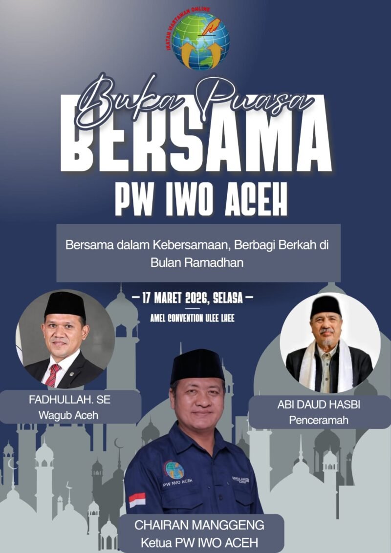 Ketua PW IWO Aceh, Chairan Manggeng, memberikan keterangan terkait persiapan agenda buka puasa bersama insan pers yang dijadwalkan berlangsung di Amel Convention Hall, Banda Aceh, Selasa (17/3/2026).