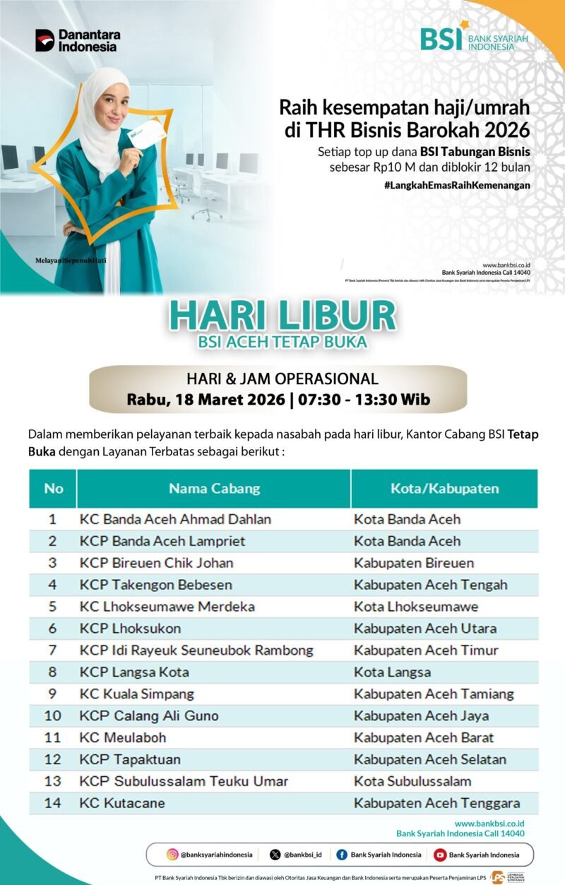Petugas Bank Syariah Indonesia (BSI) Regional Aceh memberikan pelayanan kepada nasabah saat operasional terbatas berlangsung. Sebanyak 22 outlet di Aceh tetap beroperasi pada 18-24 Maret 2026 guna memastikan kelancaran transaksi masyarakat selama libur Idul Fitri 1447 H.