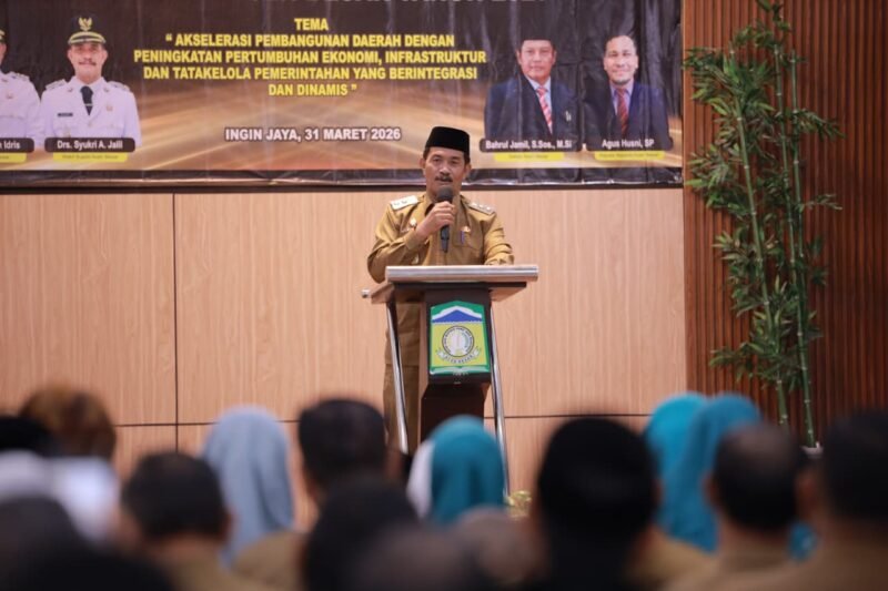 Wakil Bupati Aceh Besar Drs Syukri A Jalil membuka Musrenbang RKPD Tahun 2027 yang dilaksanakan Bappeda Aceh Besar di Aula BGTK, Lubok, Ingin Jaya, Aceh Besar, Selasa (31/3/2026). FOTO/PROKOPIM ACEH BESAR