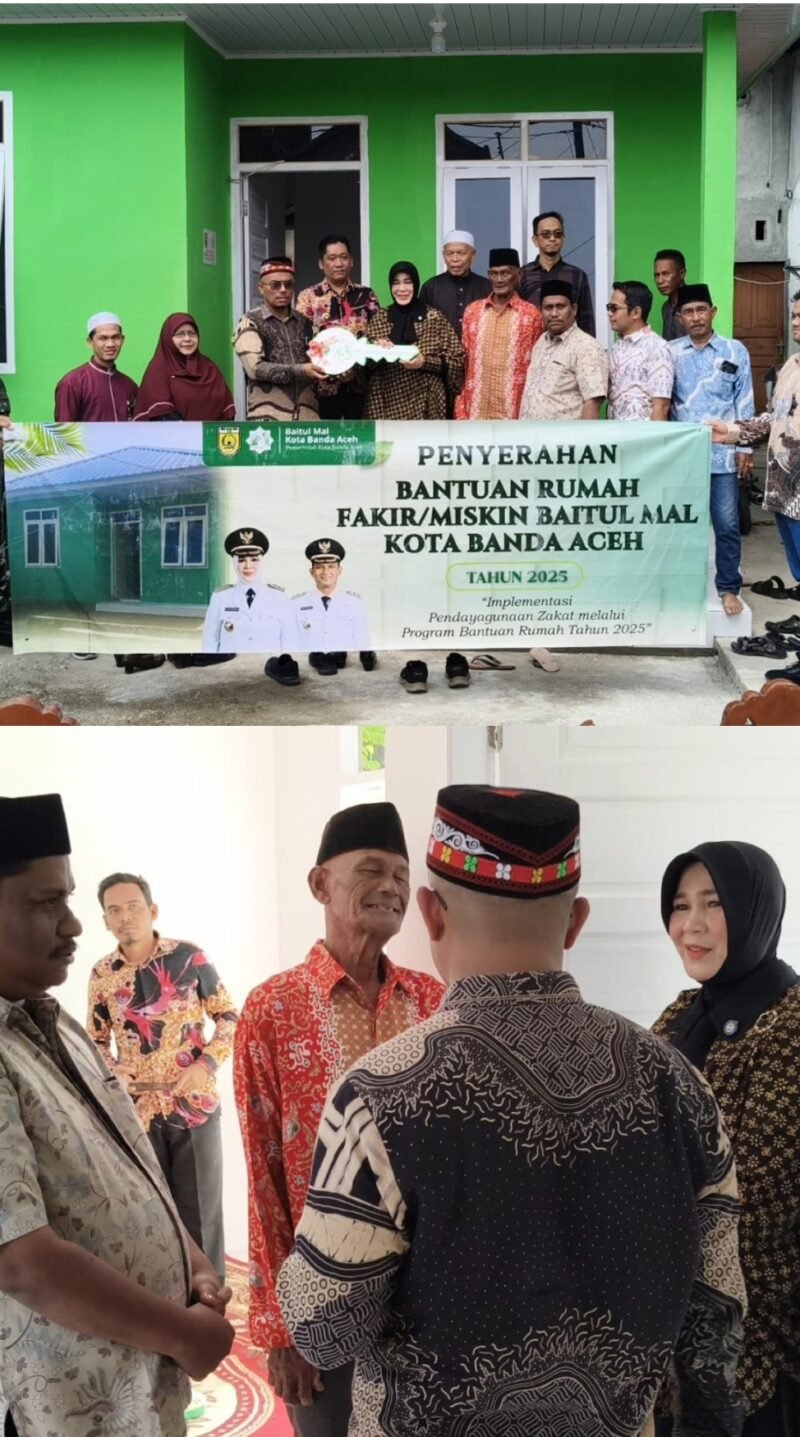 Wali Kota Banda Aceh Illiza Sa’aduddin Djamal menyerahkan secara simbolis kunci rumah layak huni kepada warga penerima manfaat program bantuan rumah fakir miskin yang dilaksanakan Baitul Mal Kota Banda Aceh di Kecamatan Baiturrahman, Kamis (5/3/2026).