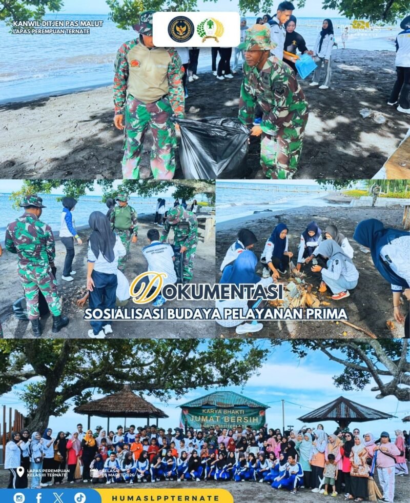 Kepala Lapas Perempuan Kelas III Ternate Agustina bersama jajaran mengikuti kegiatan Gerakan Nasional ASRI dan gotong royong SIGOFI GAM dengan membersihkan kawasan Wisata Pantai Kastela, Kecamatan Ternate Pulau, Jumat (6/3/2026).