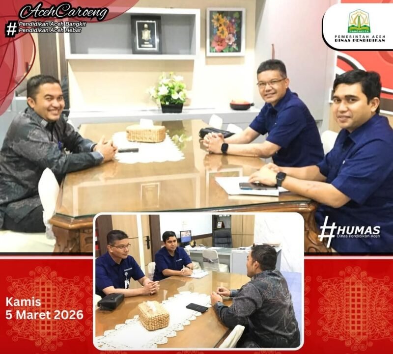Perwakilan Dinas Pendidikan Aceh yang dipimpin Kepala Bidang GTK Junaidi, SST., M.Pd., menerima kunjungan silaturrahmi dan audiensi dari BPJS Kesehatan Cabang Banda Aceh untuk membahas monitoring dan evaluasi iuran jaminan kesehatan guru, termasuk komponen Tunjangan Profesi Guru (TPG), di Banda Aceh, Kamis (5/3/2026).