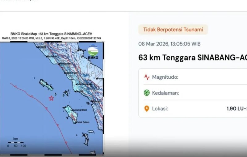 Peta lokasi gempa bumi magnitudo 5,6 yang mengguncang wilayah tenggara Kota Sinabang, Kabupaten Kepulauan Simeulue, Aceh, Minggu (8/3/2026). Gempa berpusat di laut sekitar 63 kilometer dari Sinabang dengan kedalaman 10 kilometer menurut data BMKG.