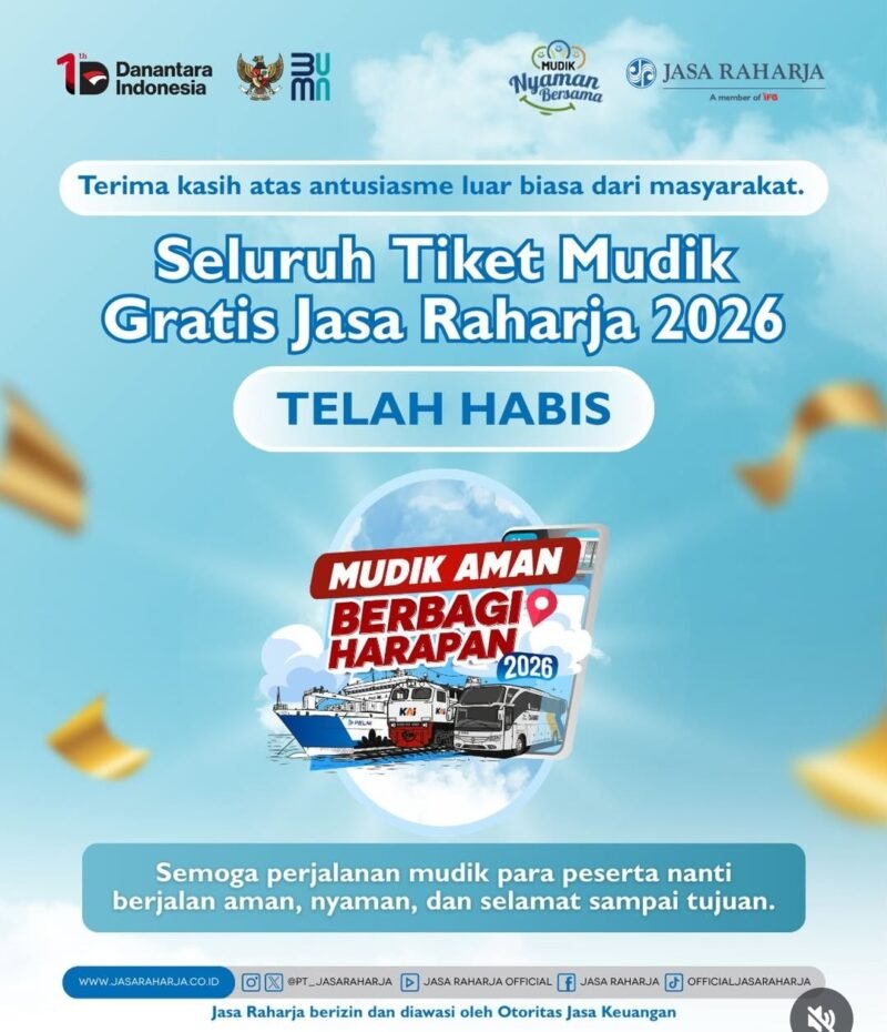 Pengumuman resmi dari Jasa Raharja menyatakan seluruh kuota tiket program Mudik Gratis 2026 telah habis karena tingginya antusiasme masyarakat yang ingin pulang kampung dengan fasilitas transportasi gratis menjelang Lebaran.(9/3/2026)