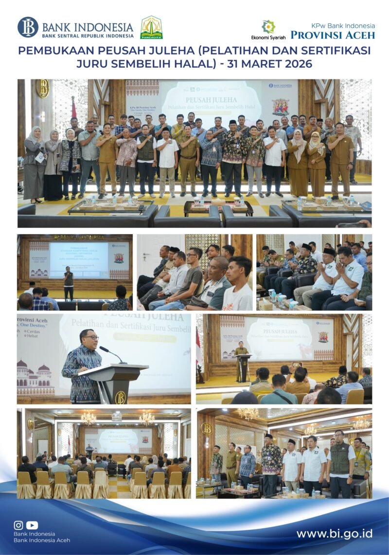 Kepala Perwakilan Bank Indonesia Provinsi Aceh, Agus Chusaini (kiri), bersama Kepala Dinas Peternakan Aceh, Drh. Safridhal (kanan), saat membuka kegiatan Pelatihan dan Sertifikasi Juru Sembelih Halal (Peusah Juleha) di Auditorium Teuku Umar, Banda Aceh, Selasa (31/3/2026).