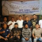 Plt. Ketua SPS Aceh, Muktarrudin Usman, memberikan sambutan dalam acara Halal Bi Halal Serikat Perusahaan Pers (SPS) Aceh di Aula 3 In 1, Lambhuk, Banda Aceh, Rabu (8/4/2026).
