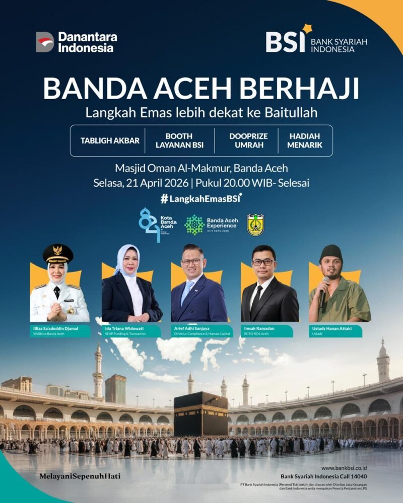 BSI bersama Pemko Banda Aceh gelar kajian spiritual “Banda Aceh Berhaji” bersama Ustadz Hanan Attaki di Masjid Oman Al Makmur, Selasa malam 21 April 2026. Sinergi wujudkan kesiapan finansial dan spiritual masyarakat menuju Tanah Suci.