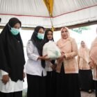 Ketua DWP Aceh, Malahayati M. Nasir (tengah), secara simbolis menyerahkan paket bantuan sembako dan wakaf Alquran kepada perwakilan keluarga ASN terdampak banjir di Pendopo Bupati Bireuen, Jumat (17/4/2026).