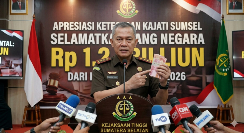 Kepala Kejaksaan Tinggi Sumatera Selatan saat memberikan keterangan pers mengenai keberhasilan jajarannya menyelamatkan uang negara senilai Rp1,2 triliun dari berbagai kasus tindak pidana korupsi. Capaian ini menjadi salah satu prestasi terbesar dalam sejarah penegakan hukum di wilayah Sumatera Selatan.