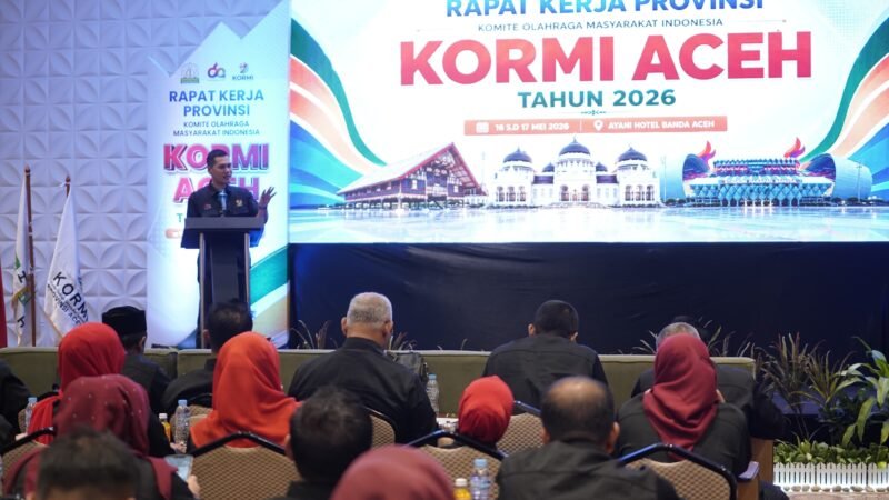 Sekretaris Daerah Aceh sekaligus Ketua Umum KORMI Aceh, M. Nasir, memberikan sambutan dalam Rapat Kerja Provinsi (Rakerprov) KORMI Aceh Tahun 2026 di Hotel Ayani, Banda Aceh, Minggu (17/5/2026). 