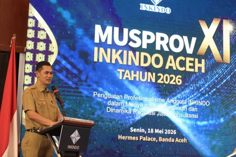 Sekretaris Daerah (Sekda) Aceh, M Nasir S.IP, MPA, memberikan sambutan sekaligus membuka secara resmi Musyawarah Provinsi (MUSPROV) XI INKINDO Aceh di Banda Aceh, Senin (18/5/2026).