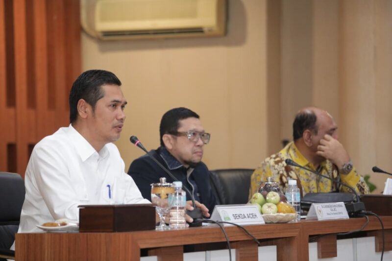 Sekretaris Daerah Aceh, Muhammad Nasir, menyampaikan pandangan Pemerintah Aceh mengenai pentingnya penguatan Dana Otsus dalam pertemuan dengan Komisi II DPR RI di Gedung Serbaguna Kantor Gubernur Aceh, Rabu (17/6/2026).
