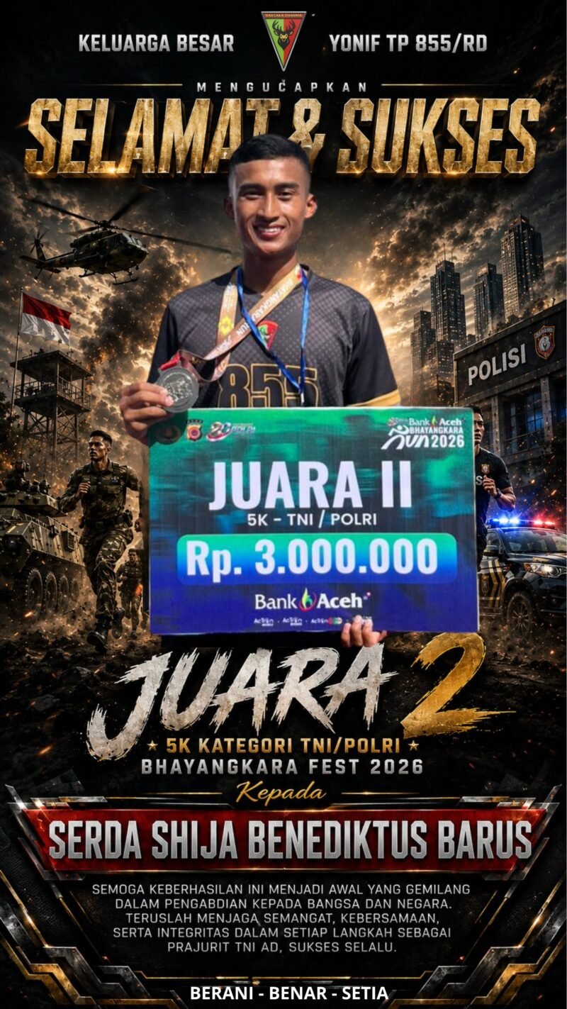 Personel Batalyon Infanteri Teritorial Pembangunan (Yonif TP) 855/RD menunjukkan kemampuan fisik dan sportivitas tinggi saat melintasi rute perlombaan Bhayangkara Run 2026 di Banda Aceh, Minggu (21/6/2026).
