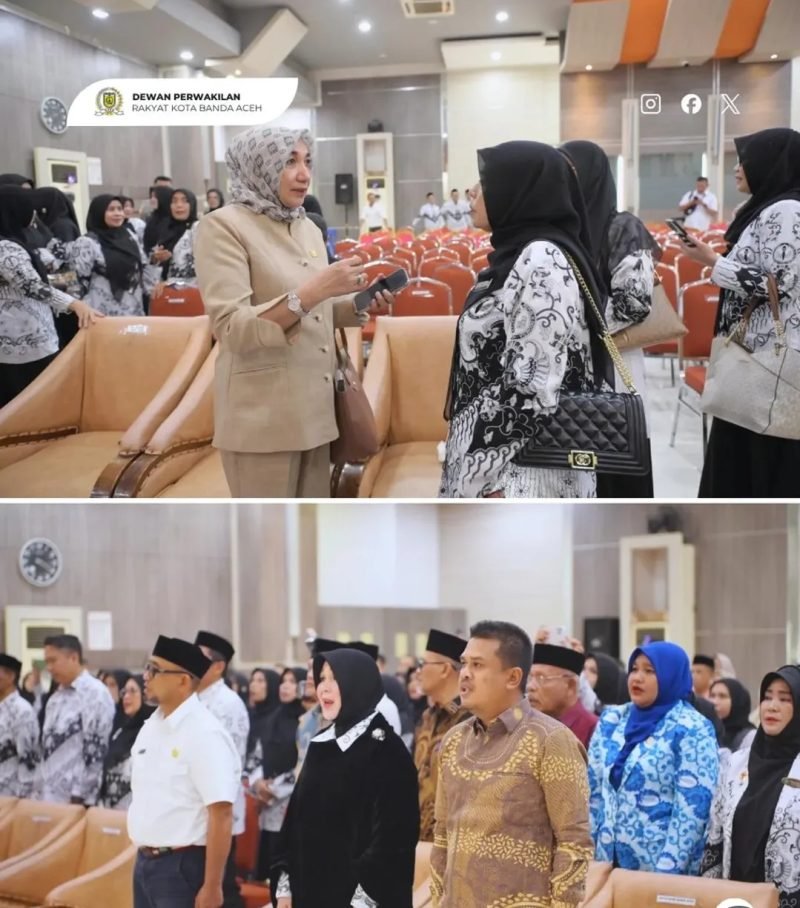 Wakil Ketua I DPRK Banda Aceh Daniel Abdul Wahab bersama Anggota Komisi IV Mehran Gara menghadiri pelantikan pengurus PGRI Kota Banda Aceh Masa Bakti XXIII di Aula Utama Balai Kota, Rabu 10/6/2026.
