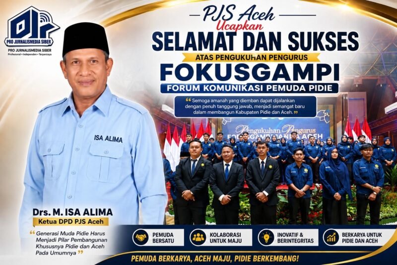 Ketua DPD PJS Aceh, Drs. M. Isa Alima, mengucapkan selamat atas pengukuhan Pengurus Forum Komunikasi Pemuda Pidie (FOKUSGAMPI) pada Jum'at (3/7/2026) di Kabupaten Pidie.