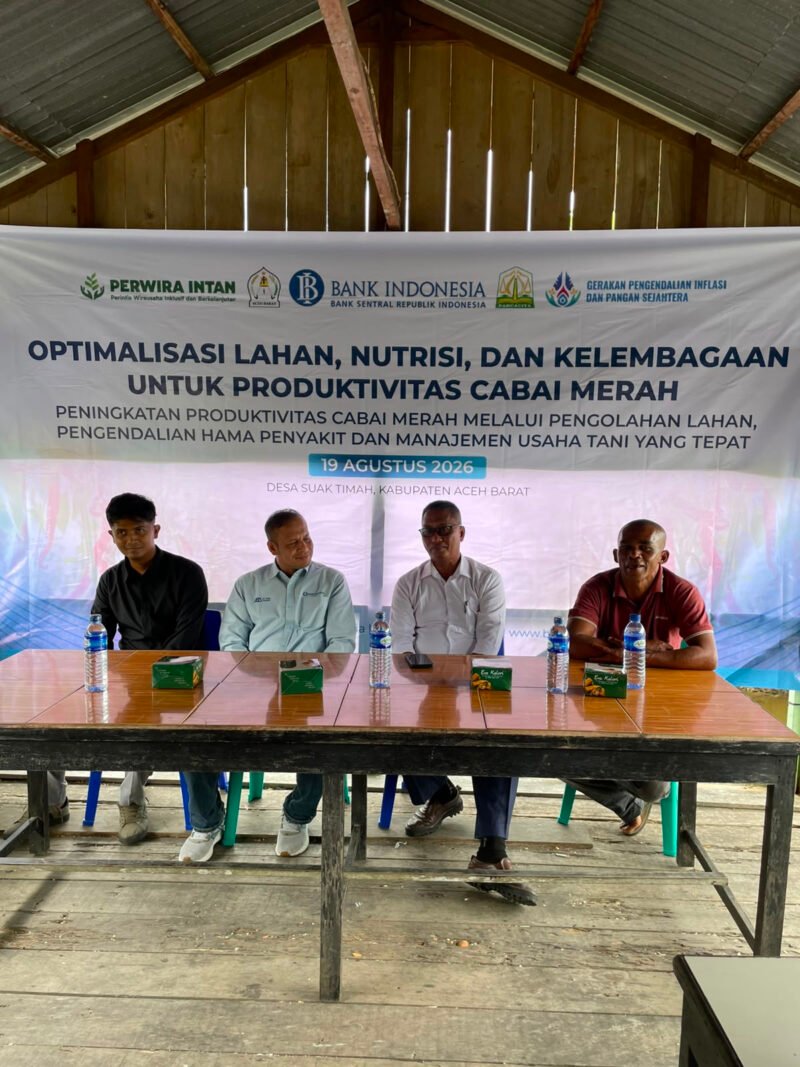 Bank Indonesia Aceh gelar bantek budidaya cabai merah di Aceh Barat, 19 Agustus 2026. Kegiatannya bagian dari GPIPS untuk jaga stabilitas harga & pasokan pangan, dengan pembekalan olah tanah, hama, keuangan, dan penggunaan alat Jinawi bagi 5 kelompok tani binaan.