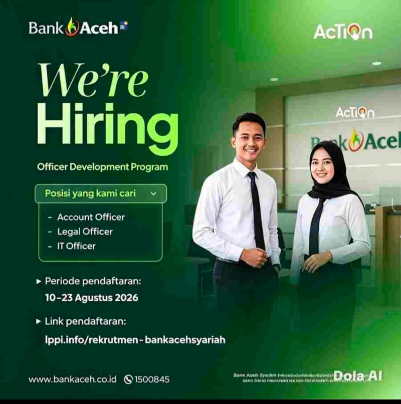 Gedung Kantor Pusat PT Bank Aceh Syariah di Banda Aceh. Bank Aceh Syariah resmi membuka rekrutmen pegawai baru jalur Officer Development Program (ODP) tahun 2026 untuk posisi Account Officer, Legal Officer, dan IT Officer hingga 23 Agustus 2026.