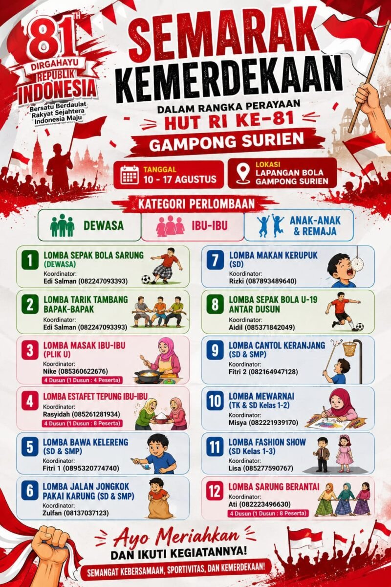Berbagai macam perlombaan digelar di setiap gampong di Kecamatan Meuraxa untuk memeriahkan HUT ke-81 Republik Indonesia.