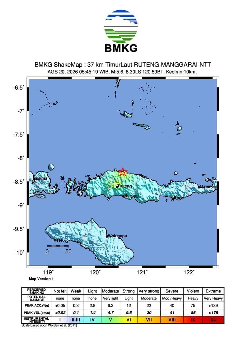 Wilayah Flores, NTT diguncang gempa tektonik M5,8 pada Kamis (20/8/2026) pukul 05:45:20 WIB. Episenter berada 34 km timur laut Ruteng, Manggarai pada kedalaman 10 km.