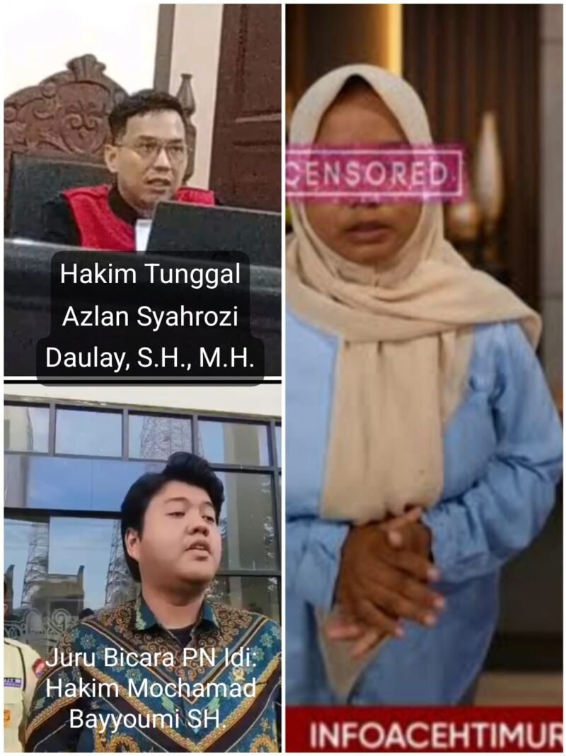 Ruang Sidang Cakra Pengadilan Negeri Idi saat pelaksanaan sidang pembacaan putusan perkara kasus kekerasan terhadap anak dengan terdakwa Asmaul Husna dan Alfata Muslim oleh Hakim Tunggal Azlan Syahrozi Daulay, S.H., M.H., Kamis (20/8/2026).