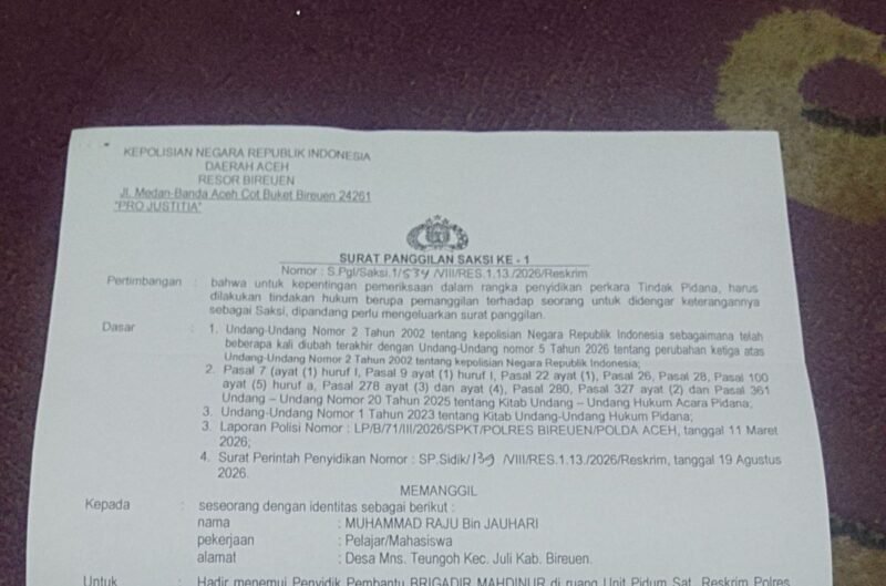 Jauhari alias Jumbo, warga Meunasah Tengoh Kecamatan Juli Bireuen, memenuhi panggilan Satreskrim Polres Bireuen sebagai saksi kasus dugaan penganiayaan dan pembakaran.