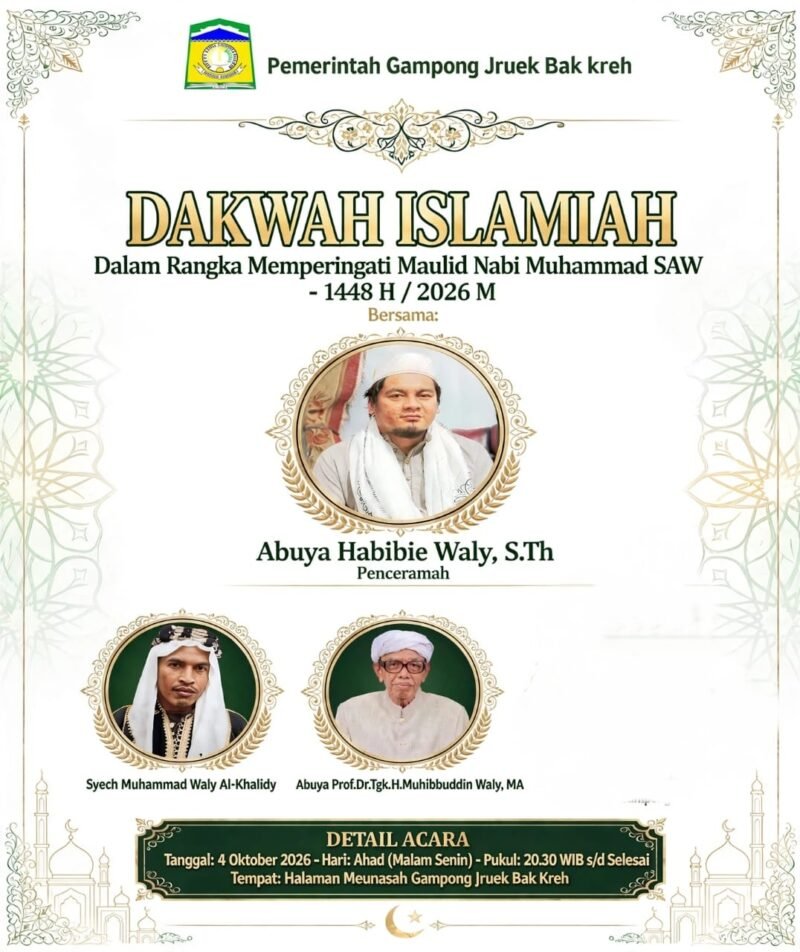 Keuchik Gampong Jruek Bak Kreh Muhammad Adami, S.IP., bersama Abuya Habibie Waly, S.Th., yang dijadwalkan mengisi Dakwah Islamiyah dalam rangka memperingati Maulid Nabi Muhammad SAW 1448 H/2026 M di Gampong Jruek Bak Kreh, Kecamatan Indrapuri, Aceh Besar, Minggu (4/10/2026) malam.