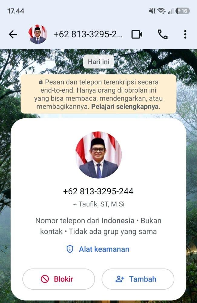 Plt Sekda Aceh Taufik ingatkan masyarakat waspadai nomor WA palsu 0813-3295-244 yang catut foto profil dan namanya berpotensi tipu sejumlah pihak Jumat 9/10/2026. 