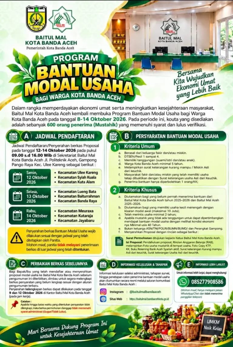 Ketua Baitul Mal Kota Banda Aceh Dr Tgk M Yusuf Al Qardhawy tegaskan program bantuan modal usaha 2026 kuota 600 mustahik untuk perkuat ekonomi produktif, Kamis 8/10/2026.