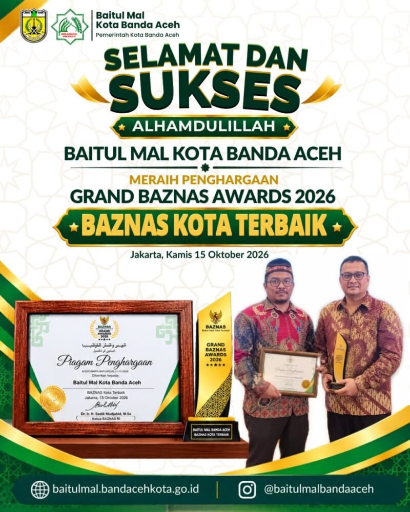 Baitul Mal Kota Banda Aceh berhasil meraih penghargaan bergengsi dalam ajang Grand BAZNAS Awards 2026 untuk Kategori BAZNAS Kota Terbaik, serta tercatat sebagai satu-satunya Baitul Mal di Provinsi Aceh yang menerima penghargaan tersebut, Kamis 15/10/2026.